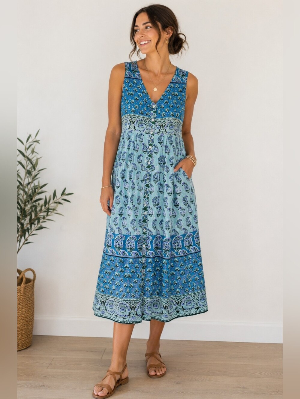 LA CERA 100% Cotton Blue Block Print Sleeveless Button Front Midi Dress Small